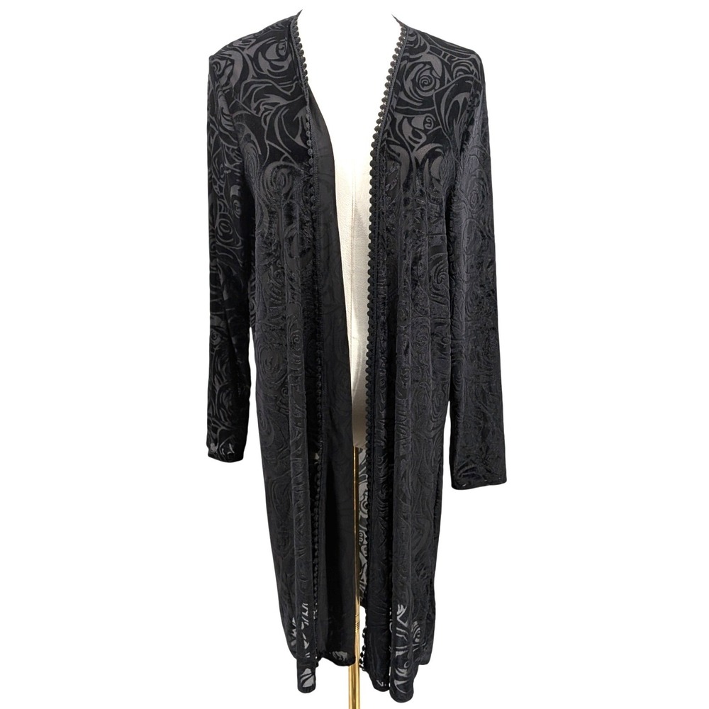 Black Burnout Velvet Duster Cardigan 1X Sheer Rose Floral Long Open Front Gothic